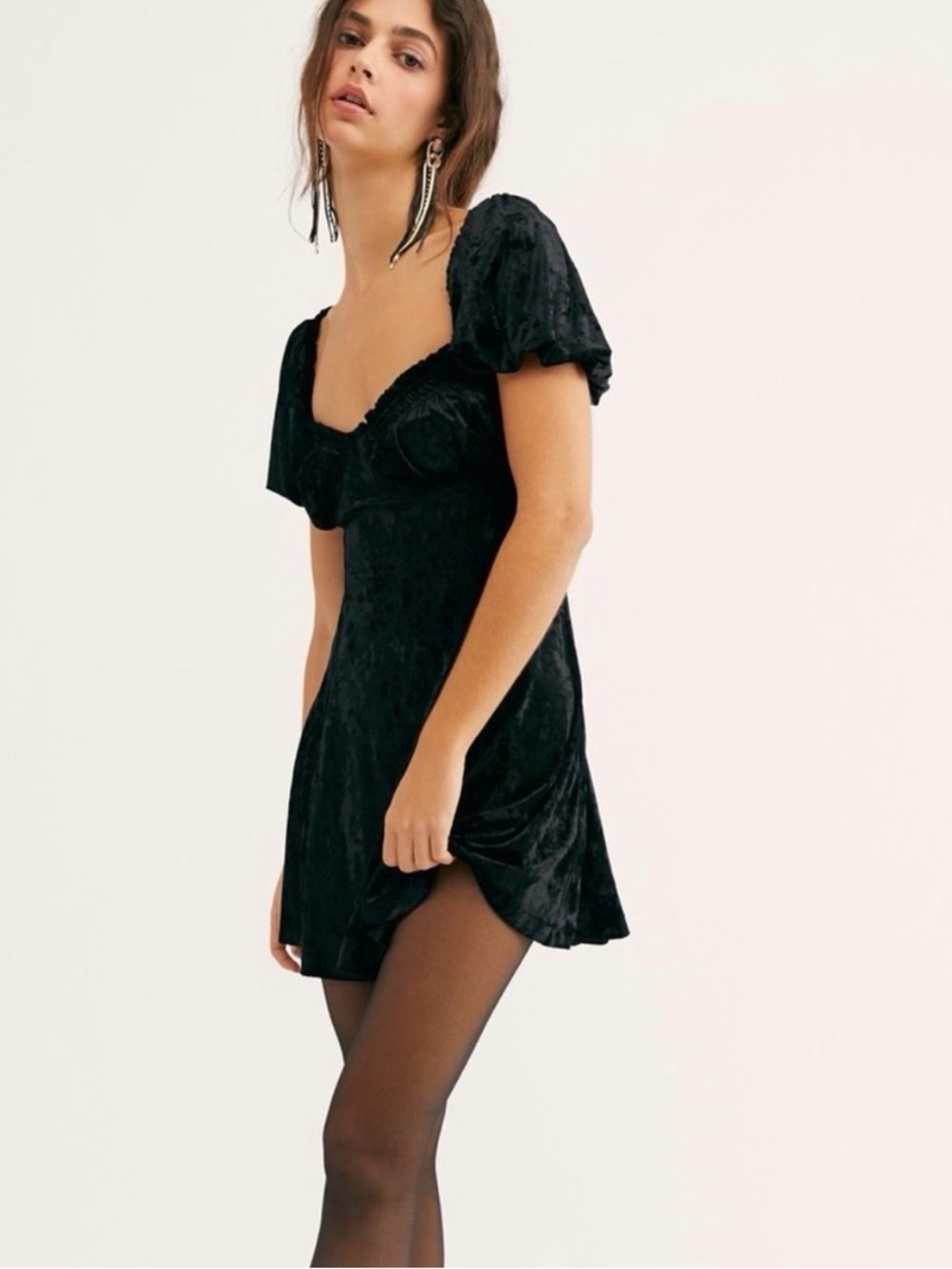 Free People Black Velvet Mini Dress with Puff Sleeves